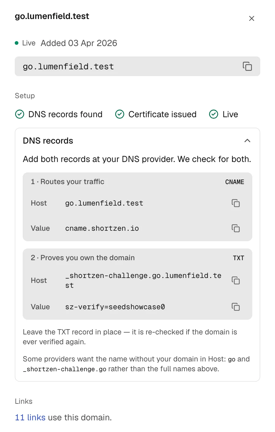 The side panel of a verified custom domain in an example workspace: its status, and the DNS records that point it at ShortZen.